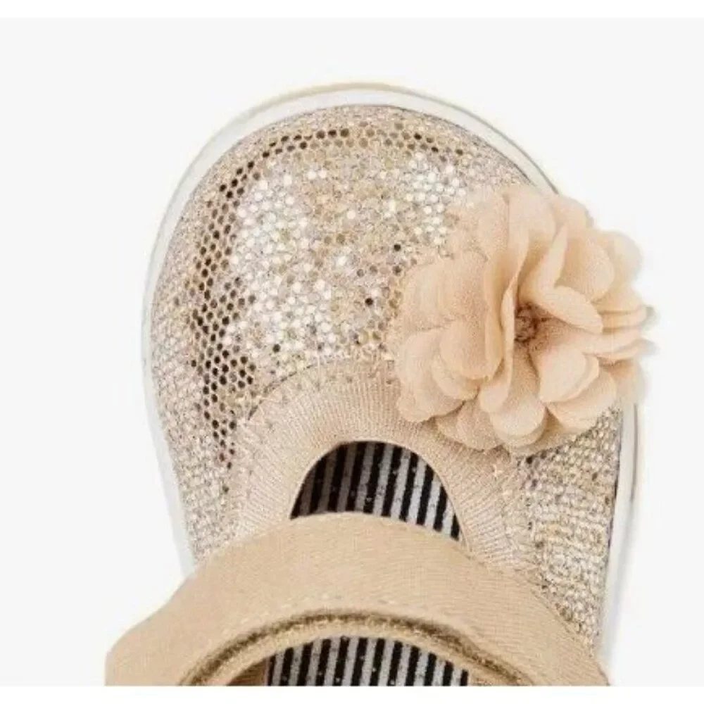 Toddler Girl's Golden Glitter Mary Jane Shoes With Flower Strap‎ Size 3